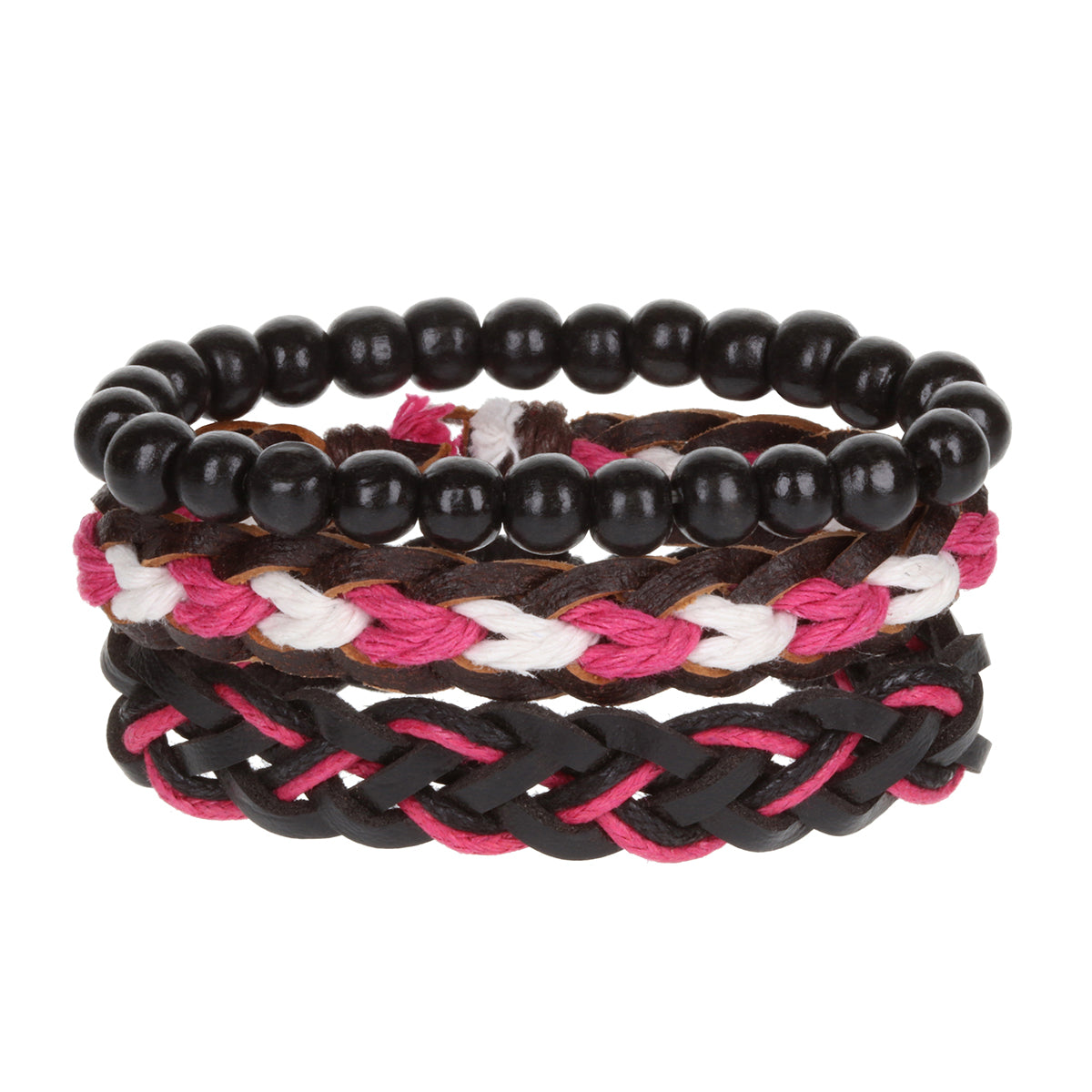 WBST129 - Mens Whirlybird Dark Brown, Pink and White Braided Stacker Bracelets