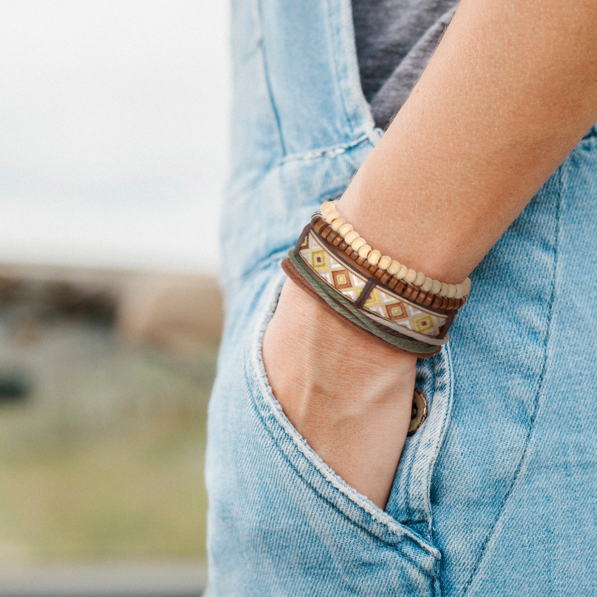 WBST130 - Mens Whirlybird Mustard And Brown Patterned Stacker Bracelets