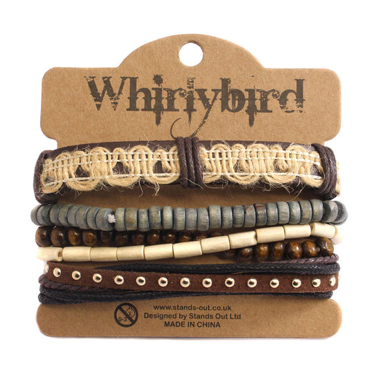 WBST131 - Mens Whirlybird Brown And Cream Weaved Leather Stacker Bracelets