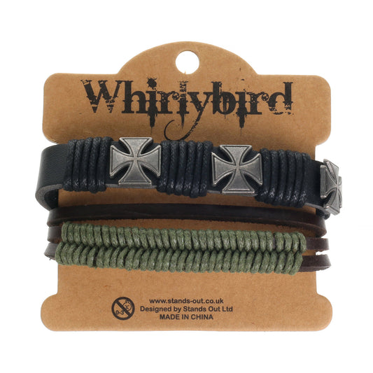 Mens Whirlybird Black And Khaki Braided Stacker Bracelets With Silver Cross Studs
