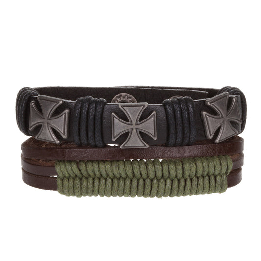 Mens Whirlybird Black And Khaki Braided Stacker Bracelets With Silver Cross Studs