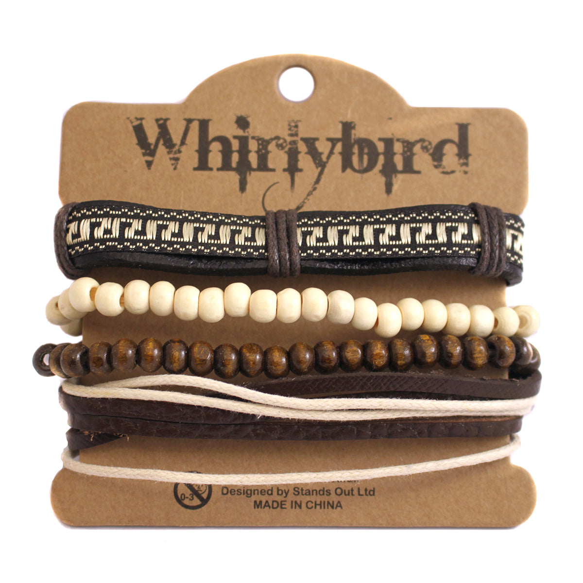 WBST135 - Mens Whirlybird Cream And Brown Leather Stacker Bracelets