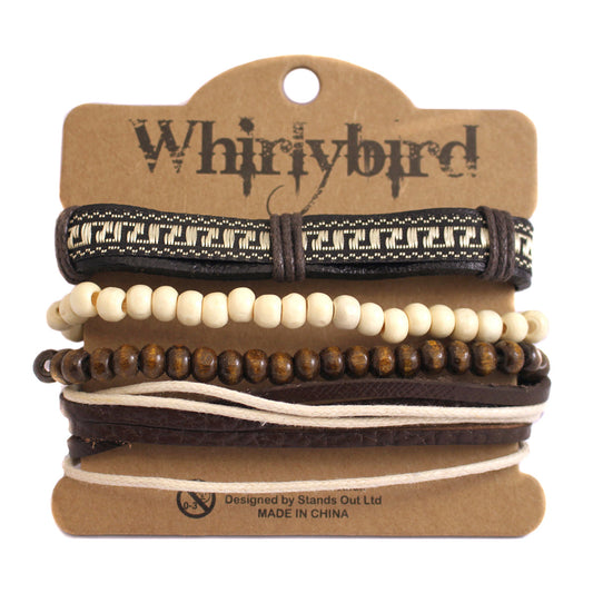 WBST135 - Mens Whirlybird Cream And Brown Leather Stacker Bracelets