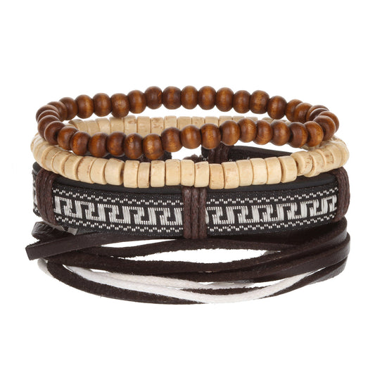 WBST135 - Mens Whirlybird Cream And Brown Leather Stacker Bracelets
