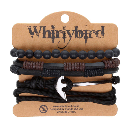 Mens Whirlybird Black Stacker Bracelets With A Silver Anchor Fastening