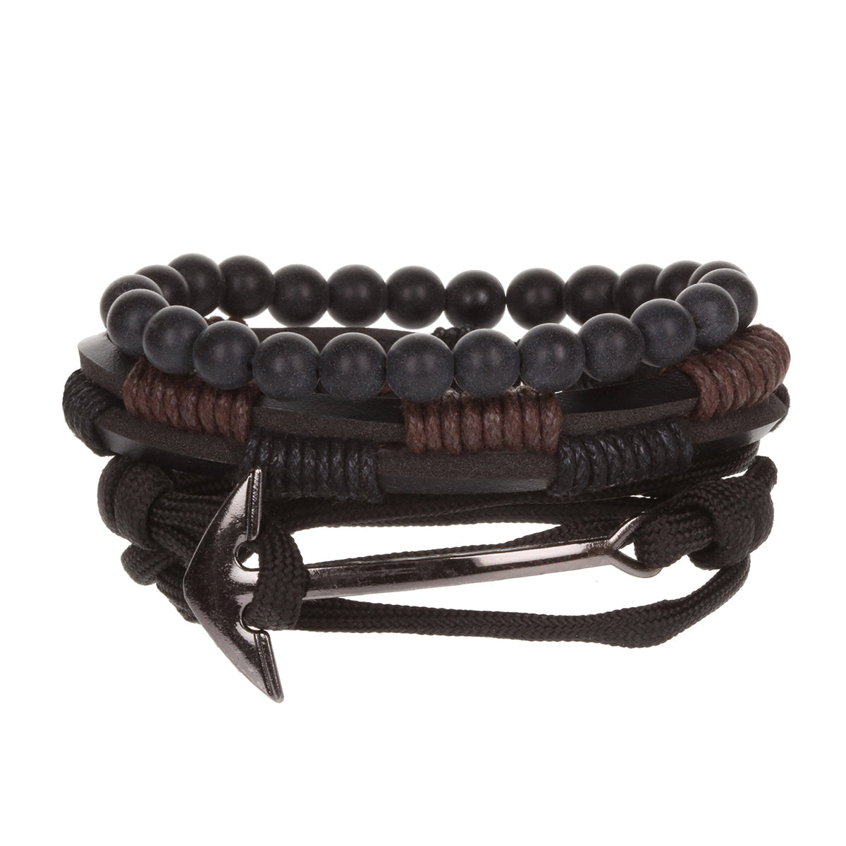 Mens Whirlybird Black Stacker Bracelets With A Silver Anchor Fastening