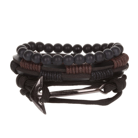 Mens Whirlybird Black Stacker Bracelets With A Silver Anchor Fastening
