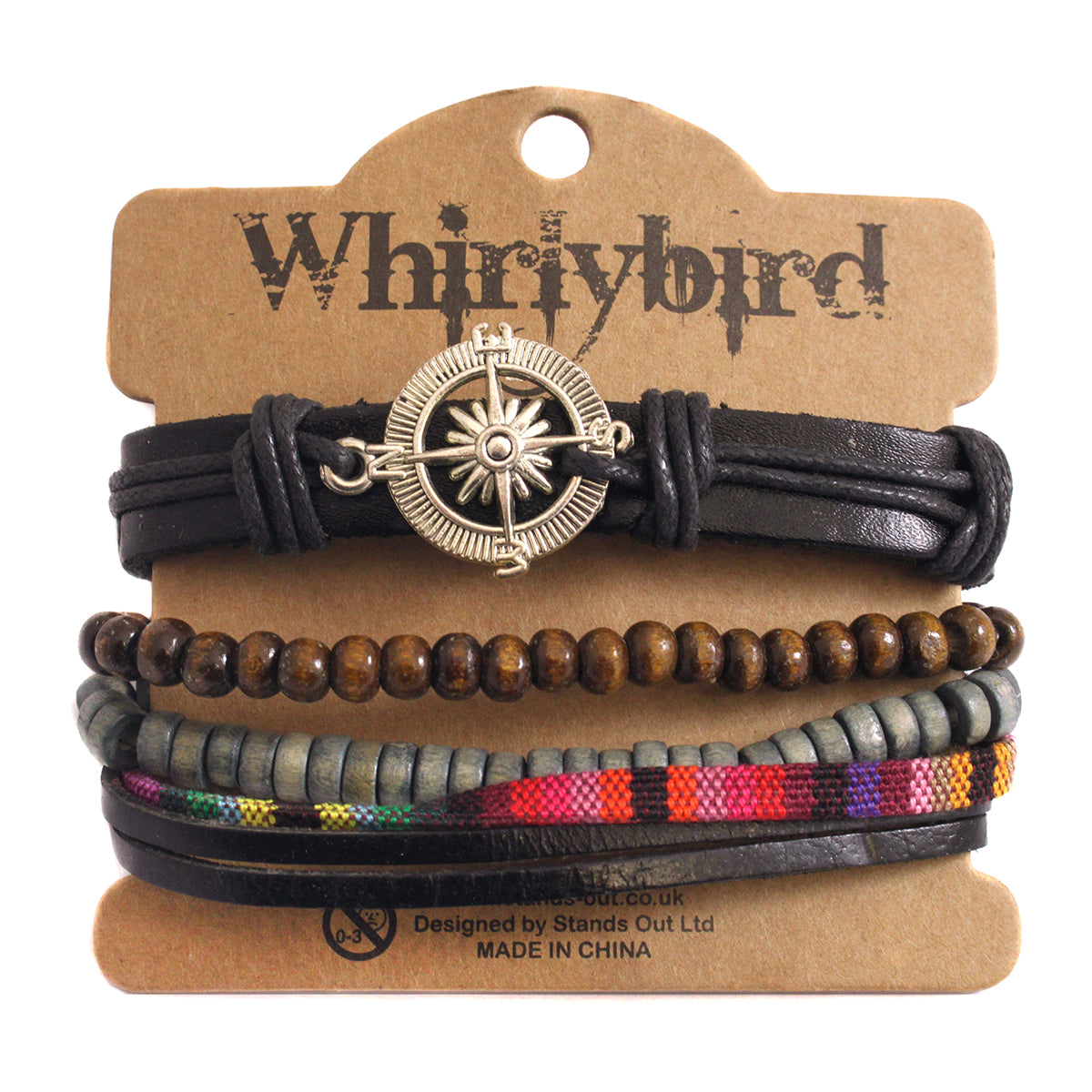 WBST137 - Mens Whirlybird Multicoloured Striped Stacker Bracelets With A Compass Charm