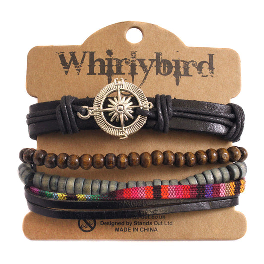 WBST137 - Mens Whirlybird Multicoloured Striped Stacker Bracelets With A Compass Charm