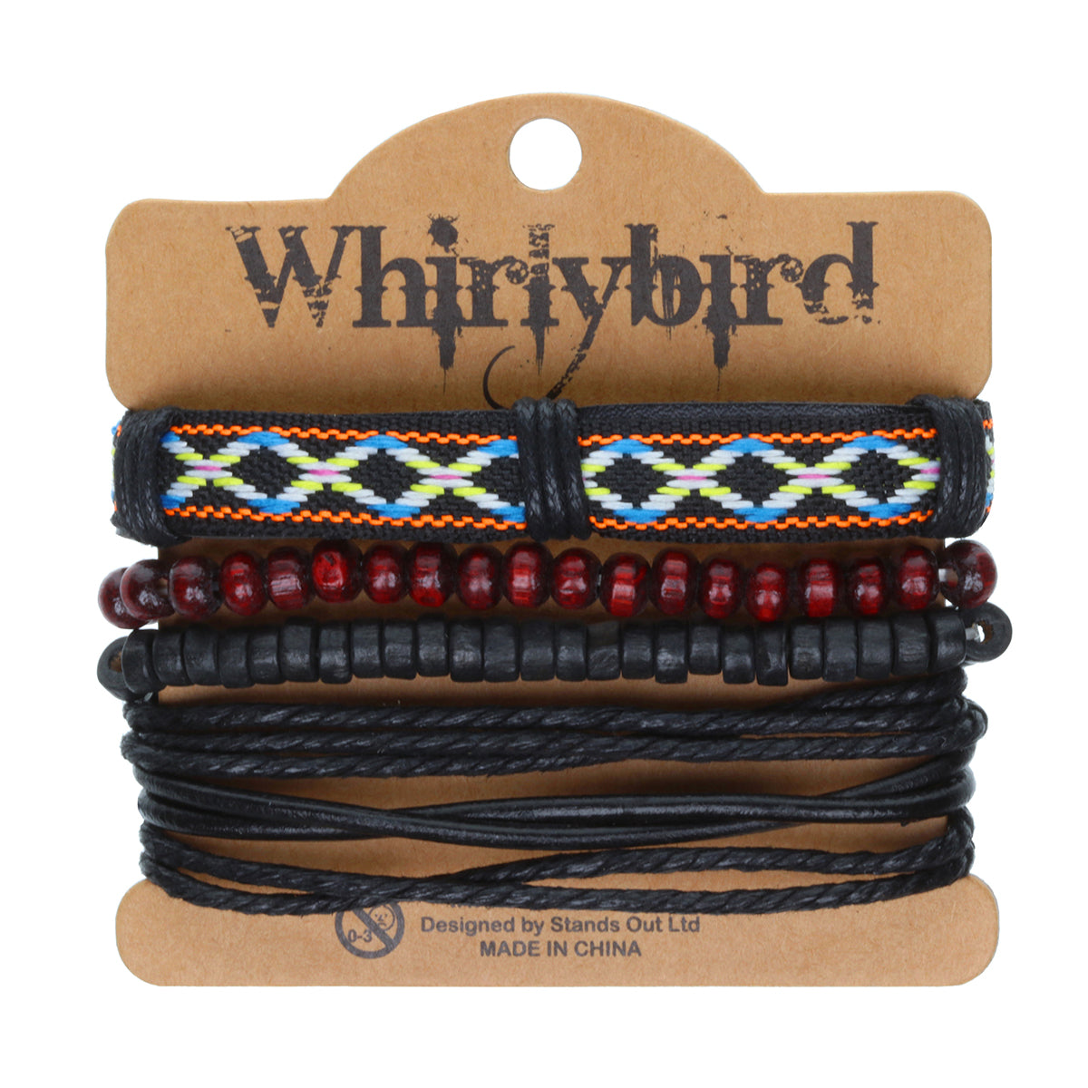 WBST139 - Mens Whirlybird Black, Burgundy And Multicoloured Stacker Bracelets