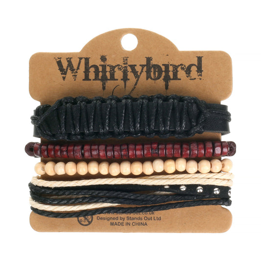 WBST144 - Mens Whirlybird Burgundy, Black And Cream Stacker Bracelets